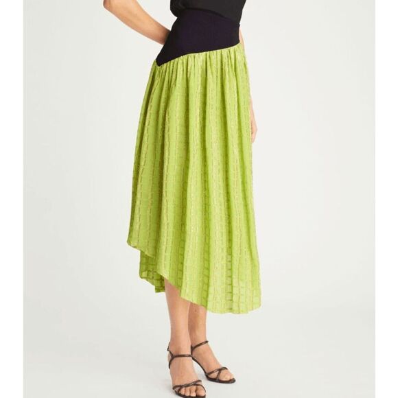 Tory Burch Colorblock Chiffon Skirt Lime with Silver Metallic Detail Size 4 - Picture 2 of 14
